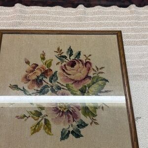 Vintage rose floral needlepoint framed cottagecore country